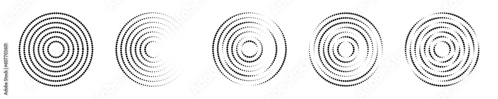 Set of circular ripple icons. Concentric circles with interrupted dotted lines isolated on white background. Vortex, sonar wave, soundwave, sunburst, signal signs Set of circular ripple icons. Concentric circles with interrupted dotted lines isolated on white background. Vortex, sonar wave, soundwave, sunburst, signal signs