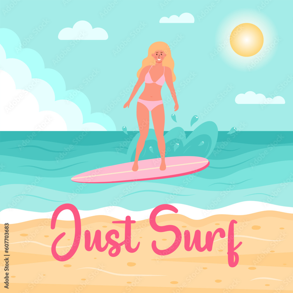Blonde woman in swimsuit on the surfboard in the ocean. Summer seascape, active sport, surfing on ocean waves, vacation concept. Just surf text. Flat cartoon vector illustration.