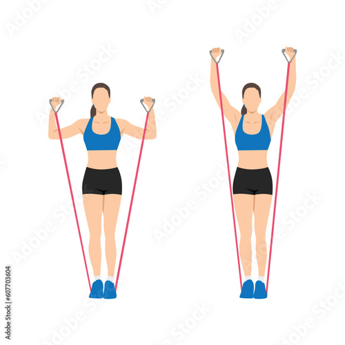 Woman doing Resistance band standing shoulder press. overhead press exercise. Flat vector illustration isolated on white background