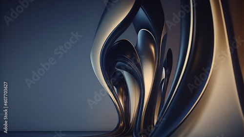 Fototapeta Naklejka Na Ścianę i Meble -  Dark blue and glod glossy wallpaper with abstract wavy shapes. Background with curvy texture. Generative ai