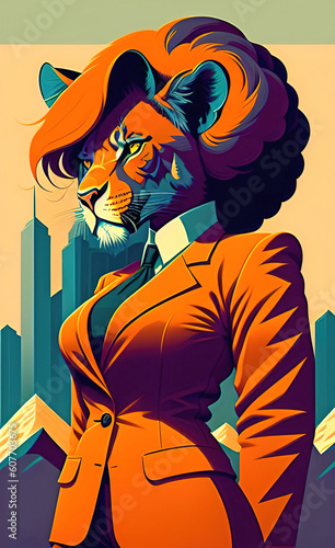 Cartoon style illustration of a businesswoman in suit and tie with the head of a lion. City skyline in the background.