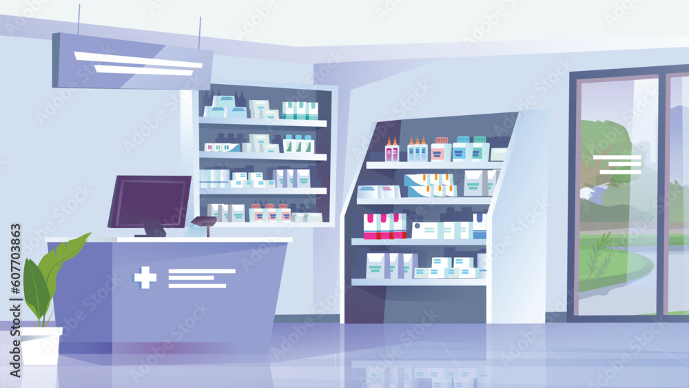 Concept Pharmacy. This is a flat cartoon design background featuring a pharmacy with shelves full of medicine, medical equipment, and various healthcare products. Vector illustration.