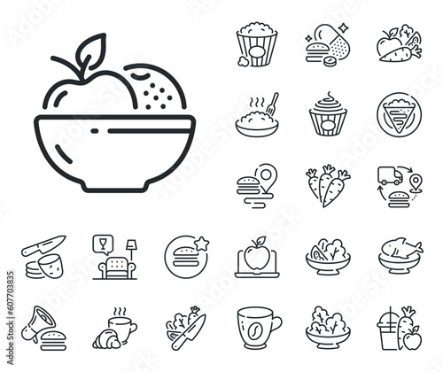 Vegetarian food sign. Crepe, sweet popcorn and salad outline icons. Fruits line icon. Apple and orange symbol. Fruits line sign. Pasta spaghetti, fresh juice icon. Supply chain. Vector