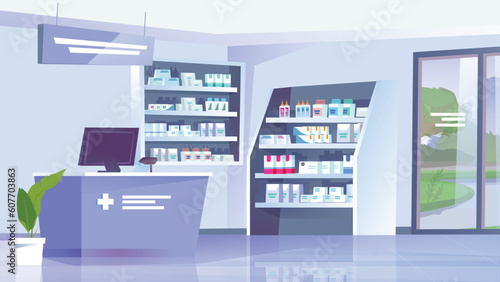Concept Pharmacy. This is a flat cartoon design background featuring a pharmacy with shelves full of medicine, medical equipment, and various healthcare products. Vector illustration.