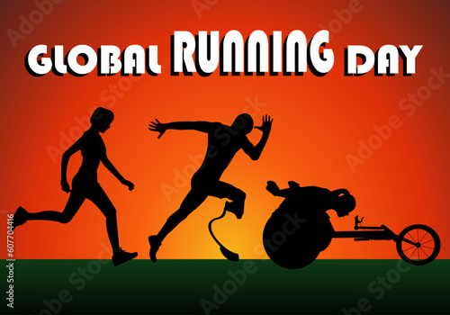 Día mundial del corredor. Tres corredores, uno con prótesis en la pierna y otra con una silla de correr. Deporte inclusivo