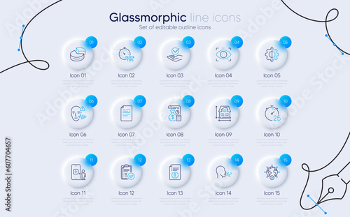 Set of Accounting, Document and Transform line icons for web app. Timer, Technical info, Approved icons. Approved report, House dimension, Breathing exercise signs. Eye detect. Vector