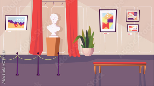 Concept Art gallery. This illustration is a flat, cartoon-style design of an art gallery background, featuring white walls and wooden floors with various art pieces on display. Vector illustration.