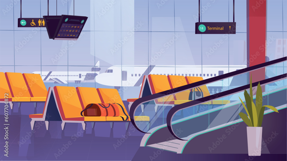 Concept Airport. A flat, cartoon-style background design of an airport with airplanes, runways, and a control tower. Vector illustration.