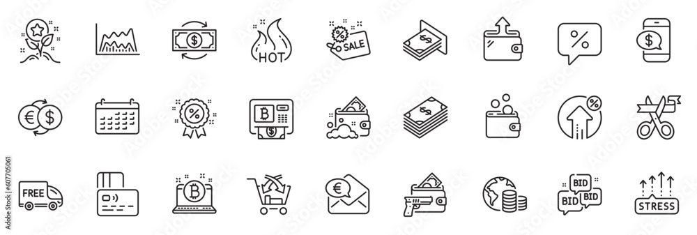 Icons pack as Stress grows, Loan percent and Bid offer line icons for app include Free delivery, Atm money, Wallet outline thin icon web set. Card, Phone payment, Discount pictogram. Vector