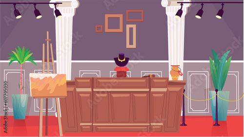 Concept Auction. A flat and cartoon-style design of an auction scene, with bidding paddles and a stage set against a neutral-colored background. Vector illustration.