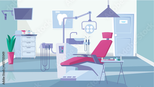 Concept Dental clinic. This is a flat, cartoon-style illustration of a dental clinic with a clean and modern design. Vector illustration.