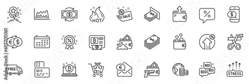 Icons pack as Stress grows, Loan percent and Bid offer line icons for app include Free delivery, Atm money, Wallet outline thin icon web set. Card, Phone payment, Discount pictogram. Vector