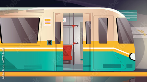Concept Subway car. A flat, cartoon-style design of a subway car, with a simple background, in a 2D style. Vector illustration.
