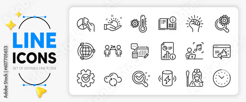 Nurse, Report and Eco energy line icons set for app include Charge battery, Pie chart, Cloud sync outline thin icon. Chemistry lab, Seo marketing, Empower pictogram icon. Account, Music. Vector