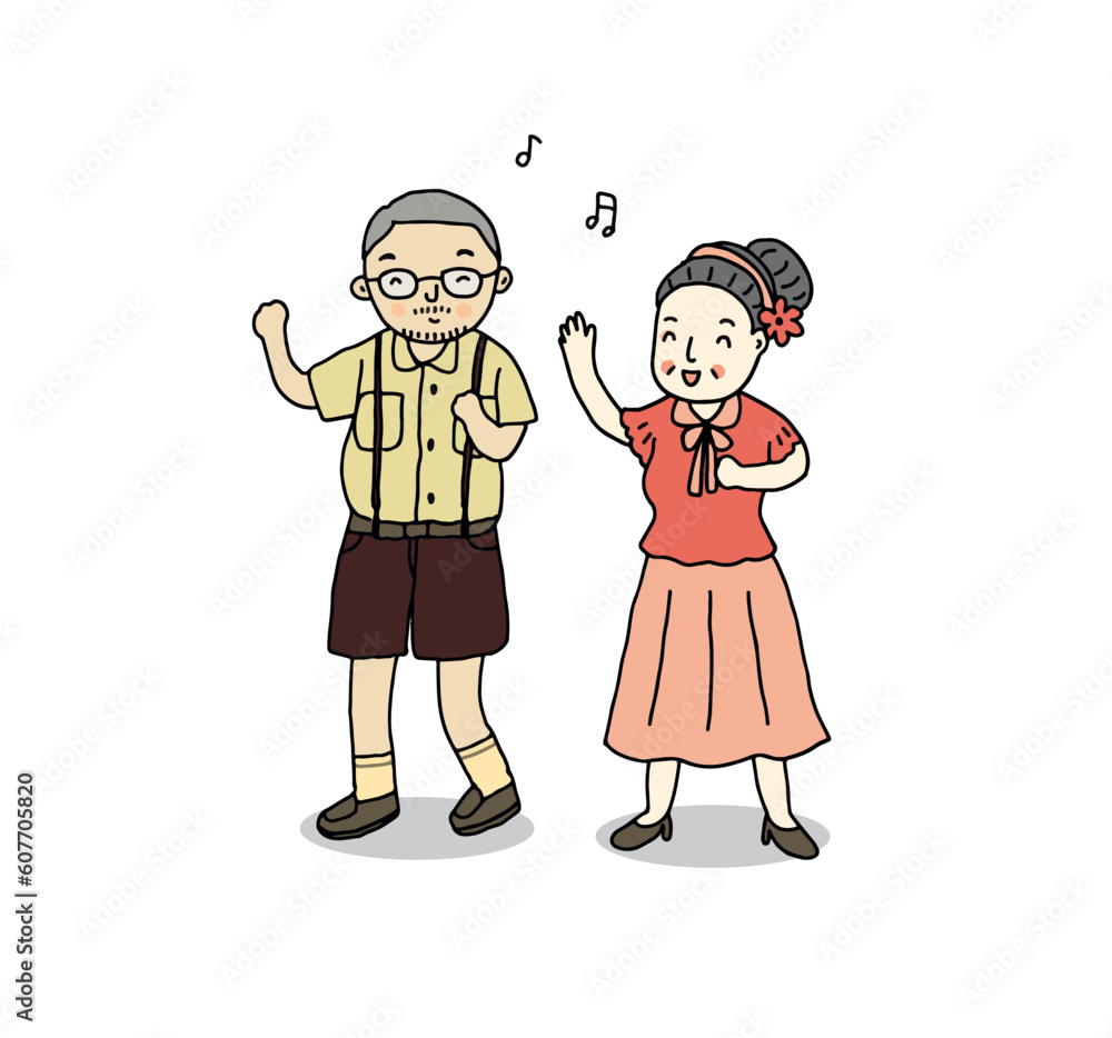 Couple old people relaxing, old man and old woman singing and dancing together. Hand drawn style vector illustration Couple old people relaxing, old man and old woman singing and dancing together. Hand drawn style vector illustration