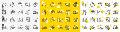 Outline Saving money, Bitcoin and Wallet line icons pack for web with Discount coupon, Credit card, Pie chart line icon. Payment card, Decreasing graph, Payment method pictogram icon. Vector