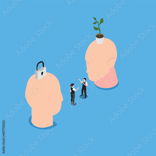 Big head human think growth mindset different fixed mindset isometric 3d vector illustration concept for banner, website, illustration, landing page, flyer, etc.