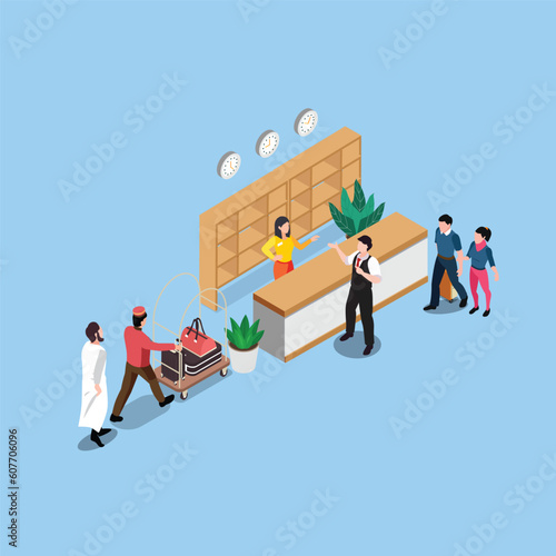 Tourist and Bellboy with cart at a receptionist isometric 3d vector illustration concept for banner, website, illustration, landing page, flyer, etc.