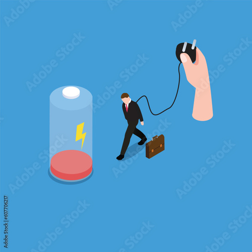 Businessman Tired of Working or Low Battery And Need to charge isometric 3d vector illustration concept for banner, website, illustration, landing page, flyer, etc.