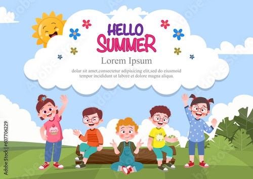 Cute children play outside. template for advertising brochures, ready for your text,  poster, background, website.Style of kids drawings.