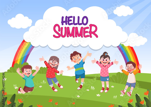 Cute children play outside. template for advertising brochures, ready for your text,  poster, background, website.Style of kids drawings.