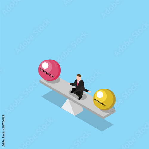 Balancing between strength and weakness isometric 3d vector illustration concept for banner, website, illustration, landing page, flyer, etc.