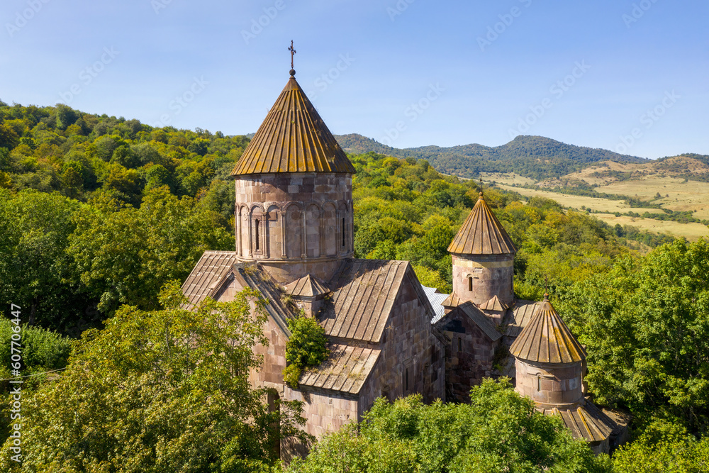 Aerial view of Makaravank Monastery on sunny summer day. Tavush, Armenia.