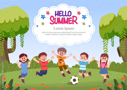 Cute children play outside. template for advertising brochures, ready for your text,  poster, background, website.Style of kids drawings.