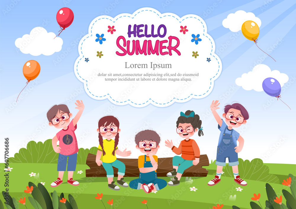 Obraz premium Cute children play outside. template for advertising brochures, ready for your text, poster, background, website.Style of kids drawings.