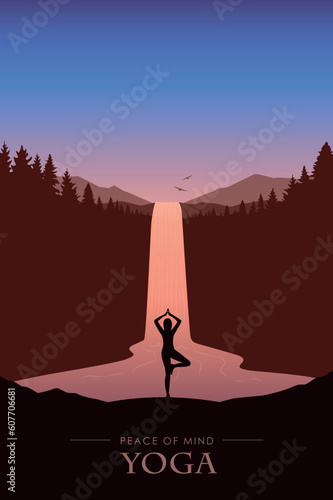 peace of mind yoga under waterfall river in the mountains at beautiful sunset