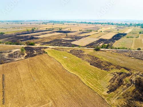 Aerial view of farmland with dry rice fields after harvest, partially burned down, Nakhon Luang, province of Ayutthaya, Thailand. photo