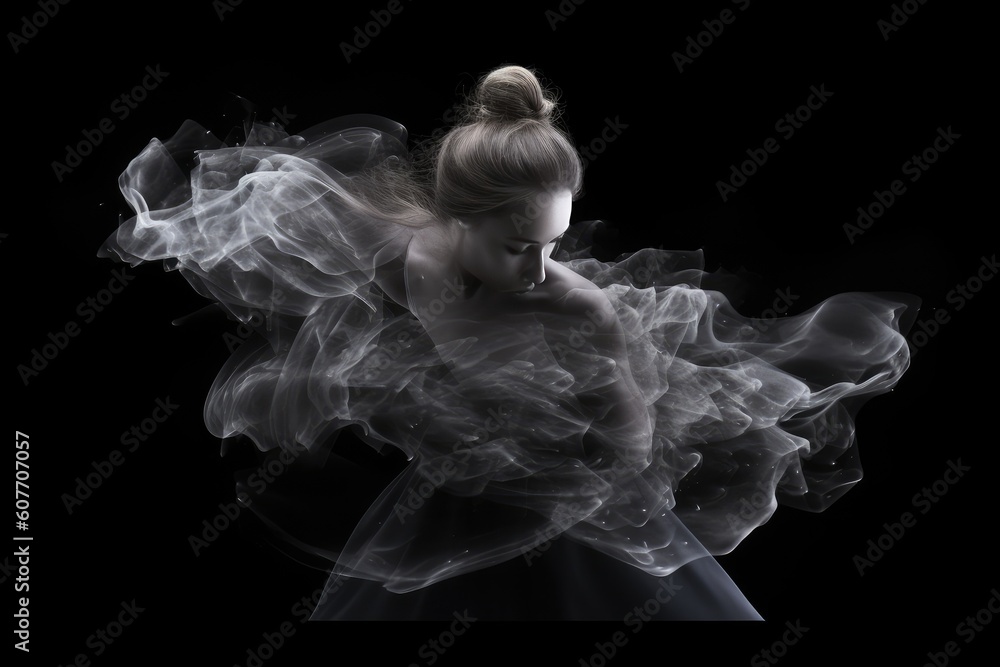 Fototapeta premium Beautiful ballerina dancing in the studio in magnetic powder and smoke. Generated AI