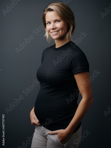 Portrait of a happy pregnant woman, isolated on grey background.