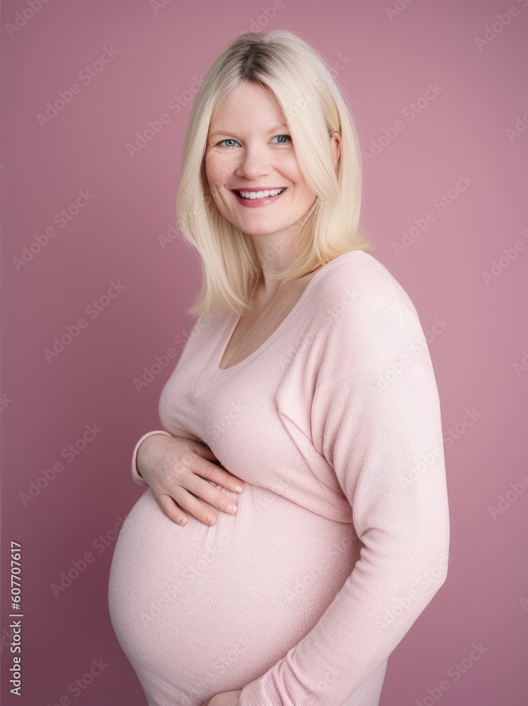Portrait of a beautiful pregnant woman in a pink dress on a pink background Portrait of a beautiful pregnant woman in a pink dress on a pink background