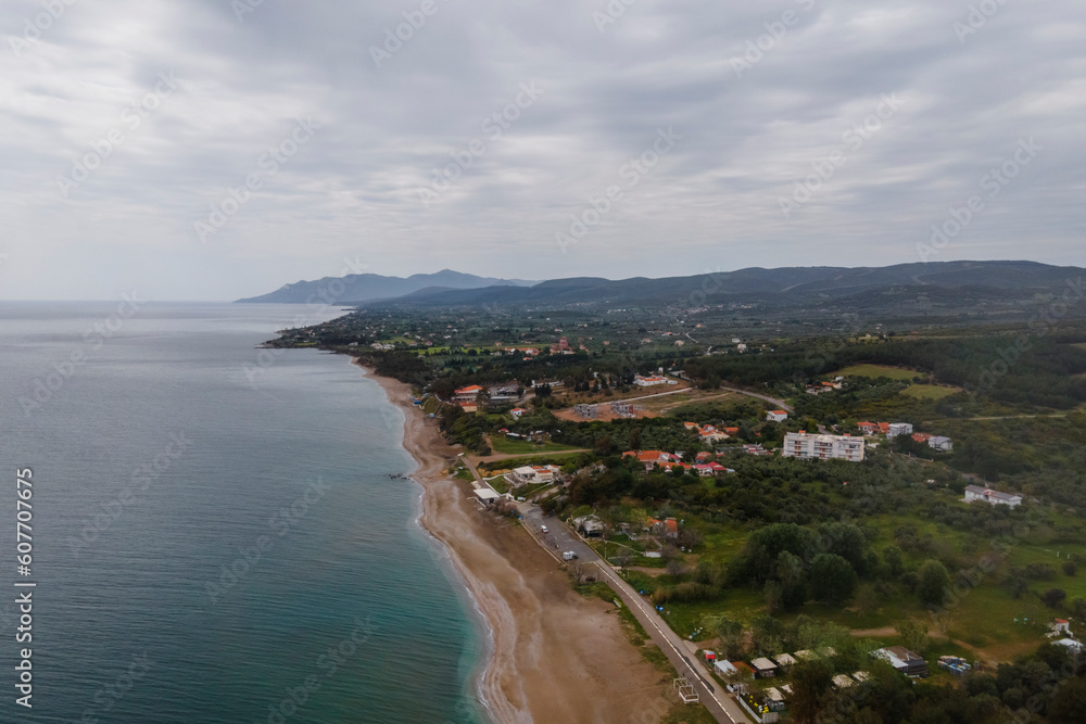 Aerial view of an empty beach along the Thracian Sea, Makri, East Macedonia and Thrace, Greece. Aerial view of an empty beach along the Thracian Sea, Makri, East Macedonia and Thrace, Greece.