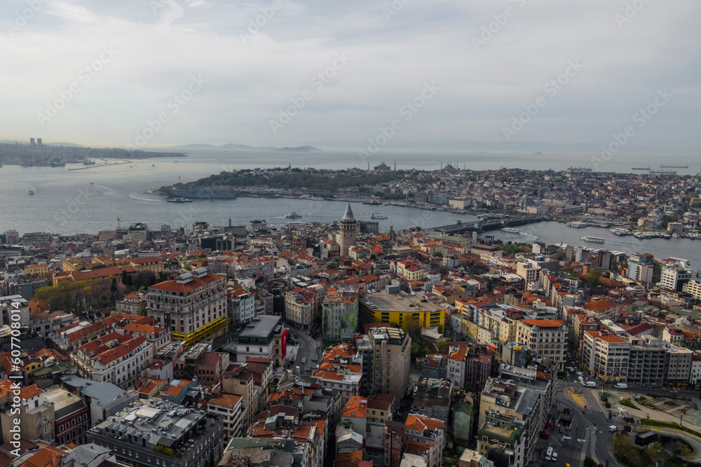 Aerial view of the Galata tower in Beyoglu district on the European side of Istanbul downtown, Turkey.