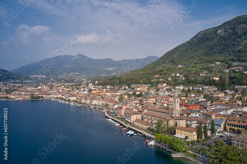 Tourist site on Lake Garda. Lake in the mountains of Italy. Aerial view of the town on Lake Garda. View of the historic part of Salò on Lake Garda Italy. © Berg