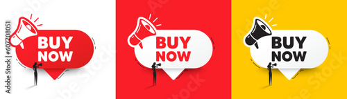 Buy Now tag. Speech bubble with megaphone and woman silhouette. Special offer price sign. Advertising Discounts symbol. Buy now chat speech message. Woman with megaphone. Vector