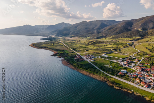 Aerial view of Mikri Volvi, a small town along Volvi Lake in Central Macedonia, Greece.