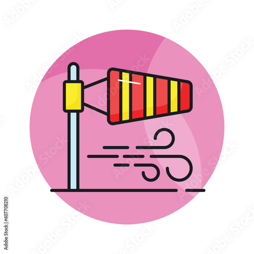 A cone mounted on a mast showcasing windsock icon, Getting weather forecasting tool, editable icon of windbag