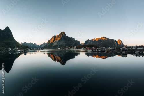 Aerial drone view of Reine, a small town along the Gravdalsbukta bay on Lofoten islands, Norway. photo