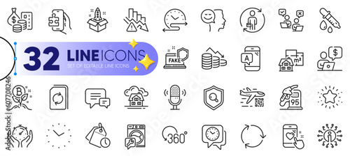 Outline set of Inspect, Bitcoin project and Business person line icons for web with Startup, Money, Floor plan thin icon. Clock, Info, Heart rating pictogram icon. Good mood, Timer, Deflation. Vector