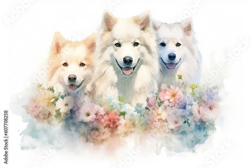 beauty of flowers with the charm of dogs a watercolor featuring dogs surrounded by a wreath of colorful blooms. intricate details and delicate washes to create a soft and dreamy effect
