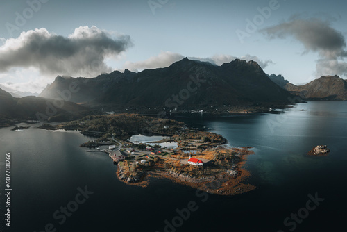 Aerial drone view of Sildpollnes Church at Austnesfjorden, Lofoten, Norway. photo