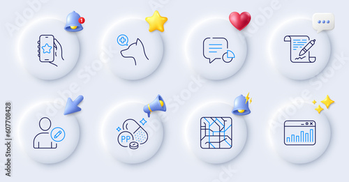 Niacin, Marketing statistics and Metro map line icons. Buttons with 3d bell, chat speech, cursor. Pack of Statistic, Edit user, Veterinary clinic icon. Vector