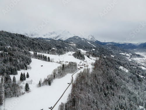 Aerial view of small village Wamberg near Garmisch Partenkirchen in Bavaria, Germany. photo