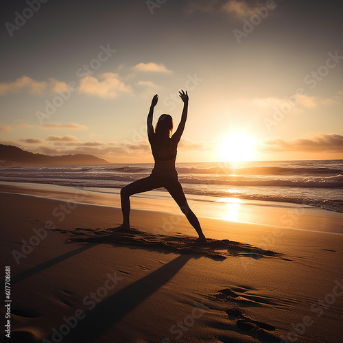 Silhouette of a woman practicing yoga on the beach at sunset