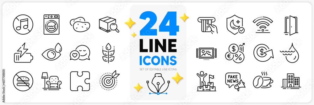 Icons set of Target purpose, Potato and Fake news line icons pack for app with Search package, Hydroelectricity, Puzzle thin outline icon. Credit card, Battery, Eye drops pictogram. Vector