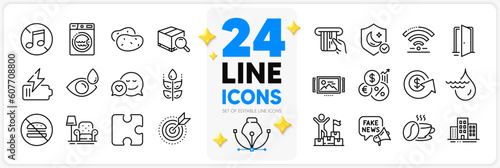 Icons set of Target purpose, Potato and Fake news line icons pack for app with Search package, Hydroelectricity, Puzzle thin outline icon. Credit card, Battery, Eye drops pictogram. Vector
