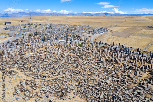 Drone view of Noratus Cemetery on sunny summer day. Gegharkunik Province, Armenia. photo